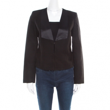 Pre Owned See by Chloe Black Textured Cotton Satin Faux Lapel Collarless Blazer S