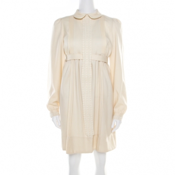 Pre Owned See by Chloe Beige Wool Pintuck Detail Belted Long Sleeve Dress S