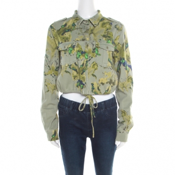 Pre Owned See by Chloe Khaki Green Abstract Butterfly Print Cropped Military Shirt M