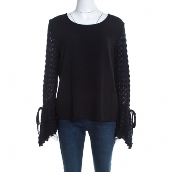 Pre Owned See by Chloe Black Knit Flared Crochet Sleeve Detail Top L