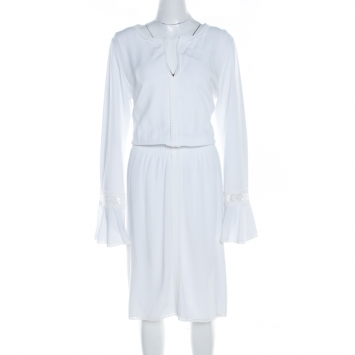 Pre Owned See By Chloe White Powder Lace Trim  Long Sleeve Smocked Waist Dress L