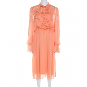 Pre Owned See by Chloe Evening Orange Crepe Georgette Floral Appliqué Ruffled Midi Dress M