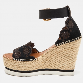 Pre Owned See by Chloe Black Suede Floral Laser-Cut Platform Wedge Espadrille Sandals Size 37