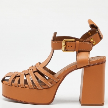 Pre Owned See by Chloe Brown Leather Cila Strappy Platform Block Heel Sandals Size 39