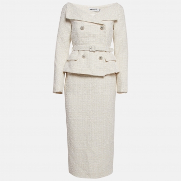 Pre Owned Self-Portrait Cream Boucle Off-Shoulder Midi Dress S