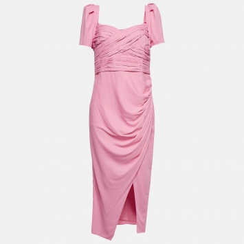 Pre Owned Self-Portrait Pink Crepe Pleated Iris Midi Dress M