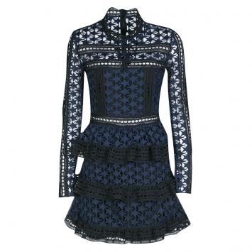 Pre Owned Self Portrait Navy Blue and Black Star Pattern Lace High Neck Tiered Dress M