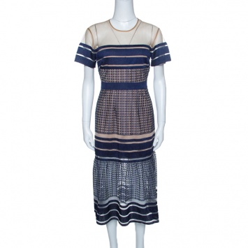 Pre Owned Self-Portrait Navy Blue Stripe Embroidered Mesh Column Midi Dress M