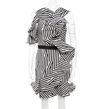Pre Owned Self Portrait Monochrome Multi Direction Striped Asymmetric Ruffled Dress M