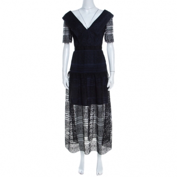 Pre Owned Self Portrait Black Guipure Lace Overlay Midi Dress S