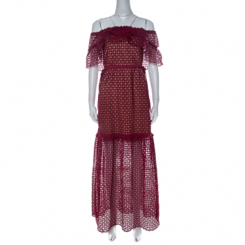 Pre Owned Self Portrait Red Lace Off Shoulder Frill Cutwork Dress S