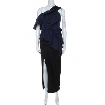 Pre Owned Self-Portrait Navy Blue ad Black Taffeta Asymmetric Ruffle Midi Dress L