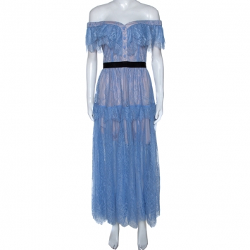 Pre Owned Self Portrait Lilac Blue Lace Off Shoulder Midi Dress M 