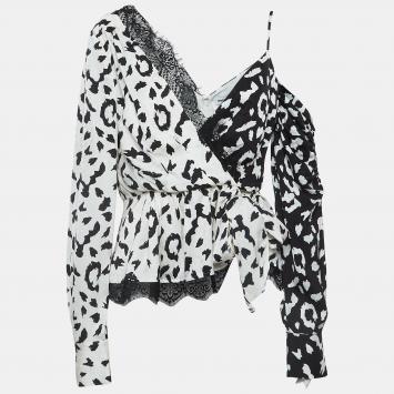 Pre Owned Self-Portrait Black/White Leopard Print Crepe Wrap Top M