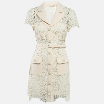 Pre Owned Self-Portrait Cream Lace Belted Mini Dress S