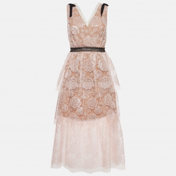 Pre Owned Self-Portrait Pink Starlet Rose Patterned Lace Midi Dress S