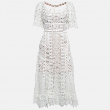 Pre Owned Self-Portrait White Floral Pattern Lace Midi Dress S