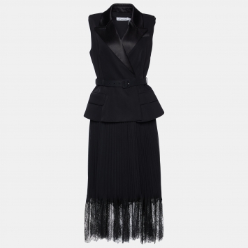 Pre Owned Self-Portrait Black Crepe Midi Pleated Belted Dress M