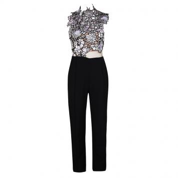Pre Owned Self-Portrait Colorblock Lilac Floral Lace Sleeveless Jumpsuit S