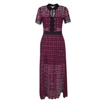 Pre Owned Self Portrait Burgundy Contrast Trim Detail Embroidered Lace Dress S