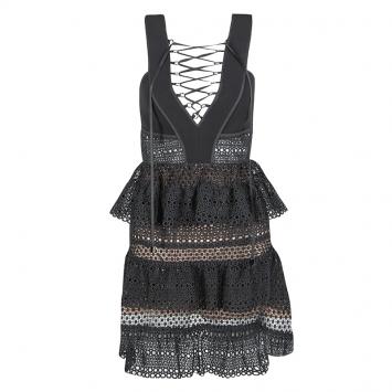 مملوكة مسبقًا Self Portrait Black Lace Up Tiered Sleeveless Dress S