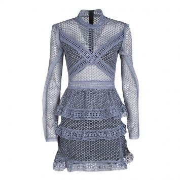 Pre Owned Self Portrait Dove Grey Dotted Mesh Tiered Long Sleeve Dress S