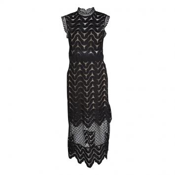 Pre Owned Self Portrait Black Wave Pattern Lace Open Back Detail Midi Dress M