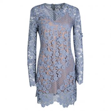 Pre Owned Self Portrait Blue 3D Floral Guipure Lace Long Sleeve Mini Dress M