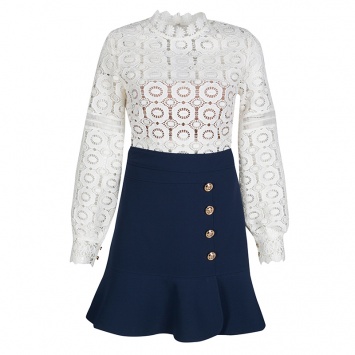 Pre Owned Self Portrait White and Navy Crochet Lace Cutout Back Combo Dress M