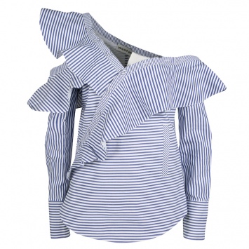 Pre Owned Self Portrait Blue and White Striped Ruffle Detail Off Shoulder Asymmetric Shirt M