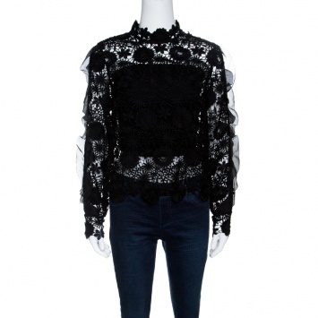 Pre Owned Self Portrait Black Floral Guipure Lace Chiffon Ruffle Trim Naia Top M