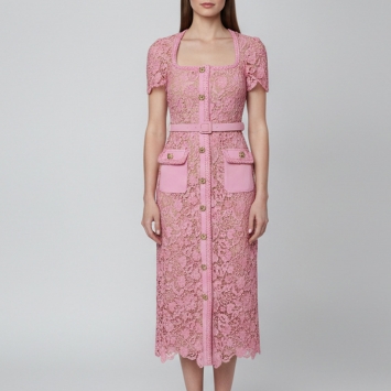 مملوكة مسبقًا Self-Portrait Pink Guipure Lace Midi Dress S