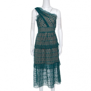 Pre Owned Self Portrait Green Floral Guipure Lace Tiered One Shoulder Midi Dress XS