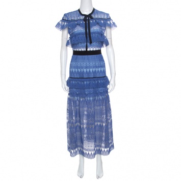 Pre Owned Self Portrait Blue Teardrop Guipure Lace Ruffled Daphne Midi Dress M