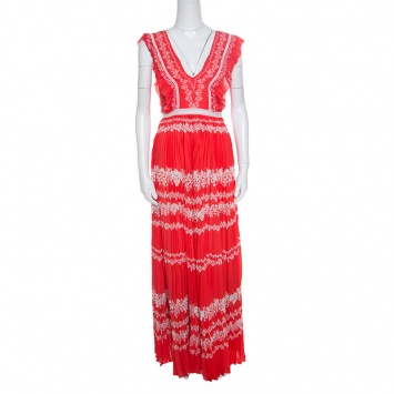 Pre Owned Self Portrait Orange Plisse Flower Spell Printed Plunge Neck Maxi Dress S