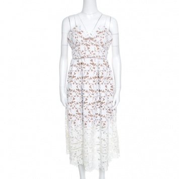Pre Owned Self Portrait White Floral Guipure Lace Noodle Strap Azaelea Midi Dress M