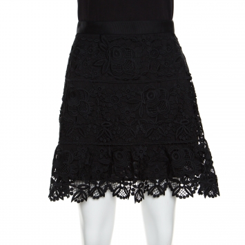 Pre Owned Self Portrait Black Floral Guipure Lace Peplum Mini Skirt M