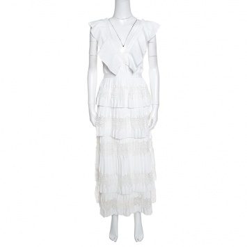 Pre Owned Self Portrait White Flounced Tiered Lace Sleeveless Victoria Midi Dress L
