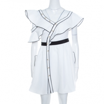 Pre Owned Self Portrait White Cotton Silk Contrast Piping Detail Asymmetric Shoulder Frill Dress S