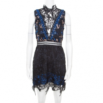 Pre Owned Self Portrait Black and Blue Floral Sequined Guipure Lace Sleeveless Clementine Mini Dress S