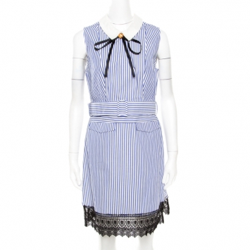 Pre Owned Self Portrait Blue Striped Cotton Belted Sleeveless Mini Dress M