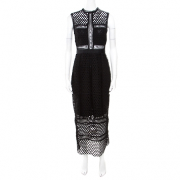Pre Owned Self Portrait Black Eyelet Lace Sheer Paneled Sleeveless Midi Dress S