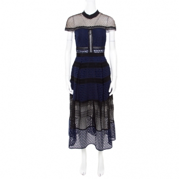 Pre Owned Self Portrait Navy Blue and Black Paneled Lace Crosshatch Detail Midi Dress M