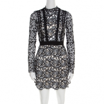 Pre Owned Self Portrait Monochrome Floral Guipure Lace Scalloped Antoinette Mini Dress S