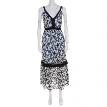 Pre Owned Self Portrait Monochrome Guipure Lace Overlay Sleeveless Midi Dress S
