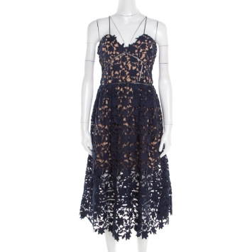 Pre Owned Self Portrait Navy Blue Floral Guipure Lace Noodle Strap Azaelea Midi Dress M