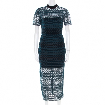 Pre Owned Self Portrait Teal Green Embroidered Lace Column Midi Dress M