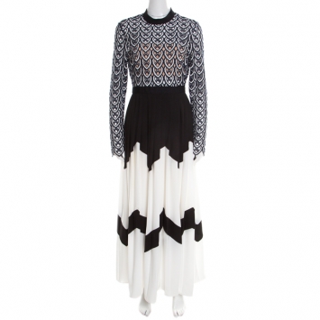 Pre Owned Self Portrait Monochrome Sweetheart Lace Long Sleeve Maxi Dress M