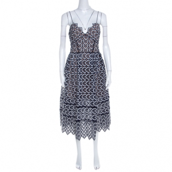 Pre Owned Self Portrait Navy Blue And White Embroidered Sweetheart Azaelea Dress M