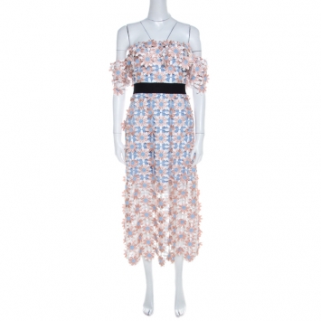 Pre Owned Self Portrait Peach Floral Lace Applique Off Shoulder Midi Dress S